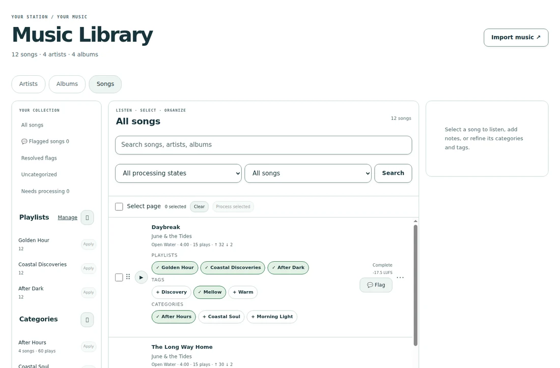 FREO music library showing artists, albums and songs