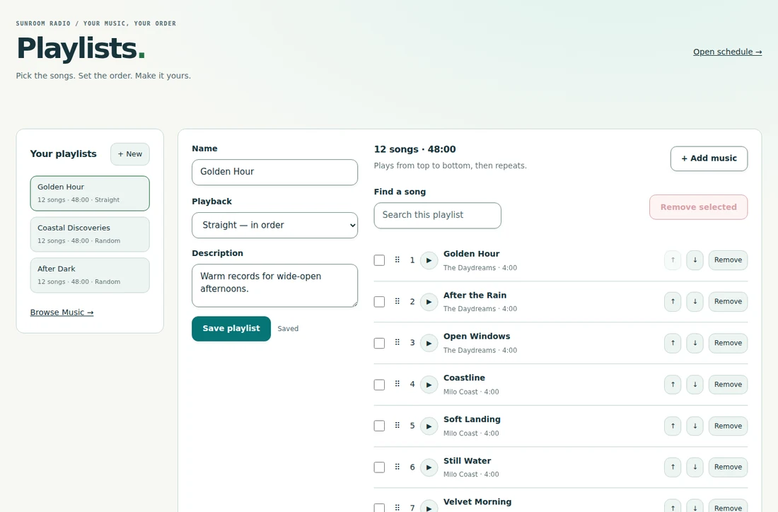 FREO playlist editor with ordered songs