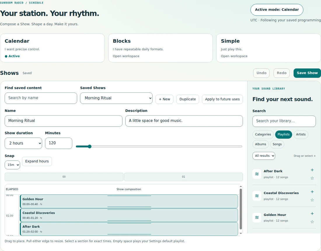 FREO show builder timeline of playlists, artists and songs